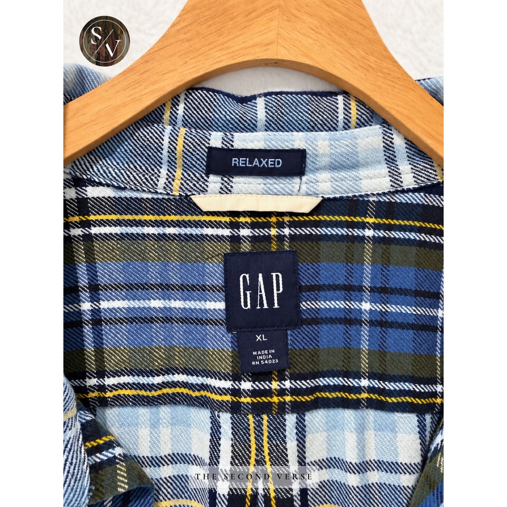 GAP Relaxed Fit Plaid Flannel Shirt Mens XL Blue Green Long Sleeve Cotton - Picture 6 of 8